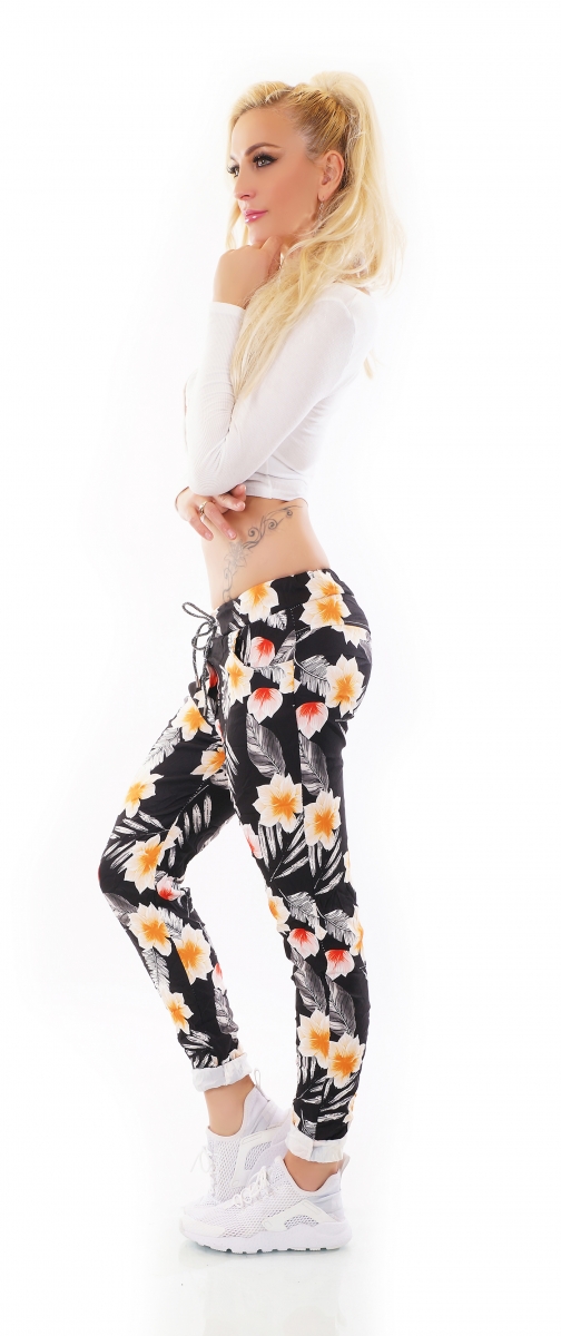 Moderne Freizeithose mit bunten Blumen-Prints - multicolor schwarz