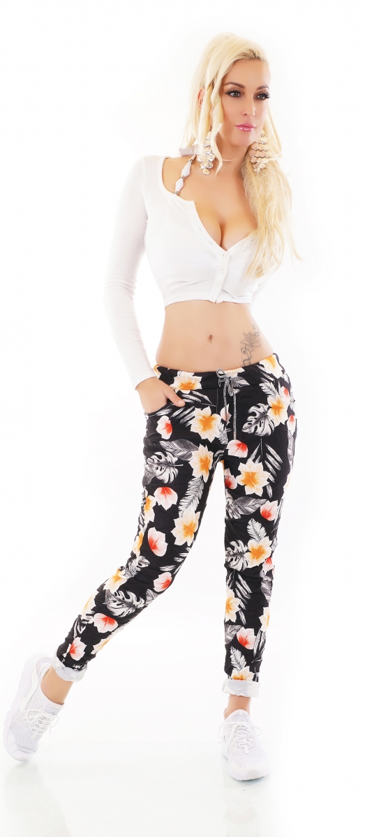 Moderne Freizeithose mit bunten Blumen-Prints - multicolor schwarz