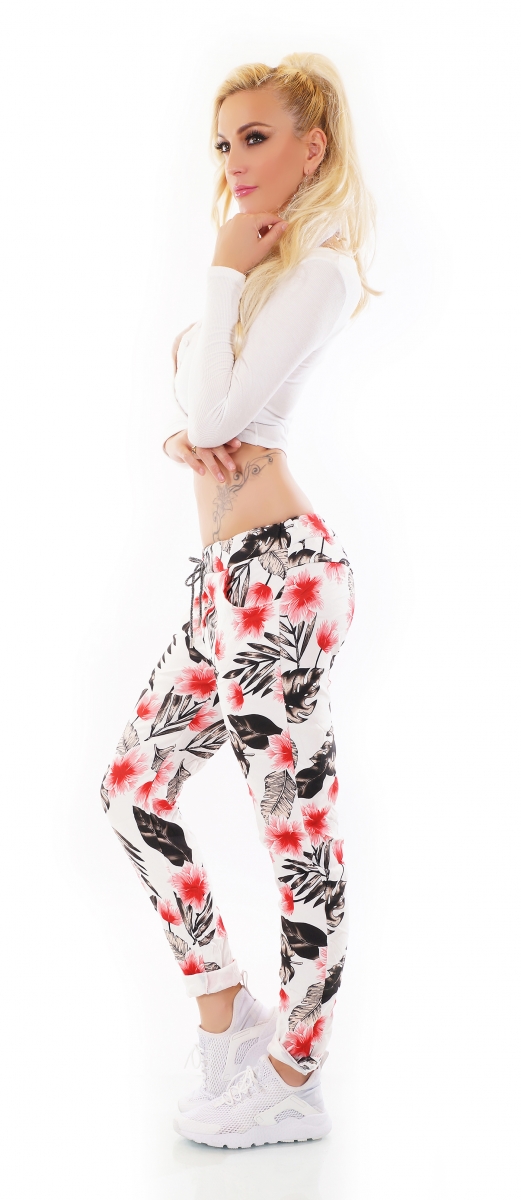 Moderne Freizeithose mit bunten Blumen-Prints - multicolor rot
