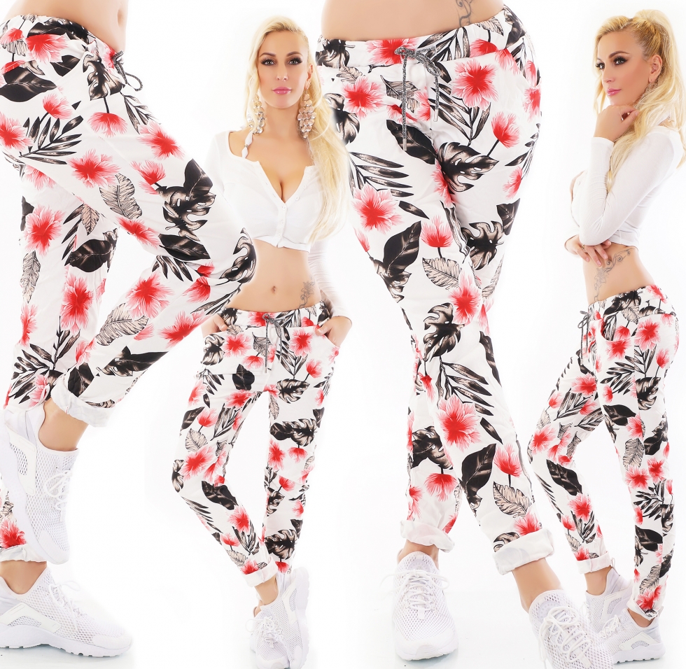 Moderne Freizeithose mit bunten Blumen-Prints - multicolor rot