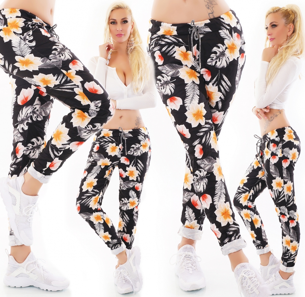 Moderne Freizeithose mit bunten Blumen-Prints - multicolor schwarz