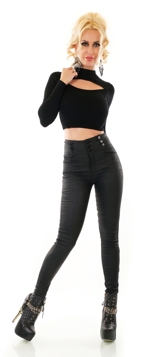 Sexy High-Waist-Hose mit modischen Zierknöpfen in schwarz