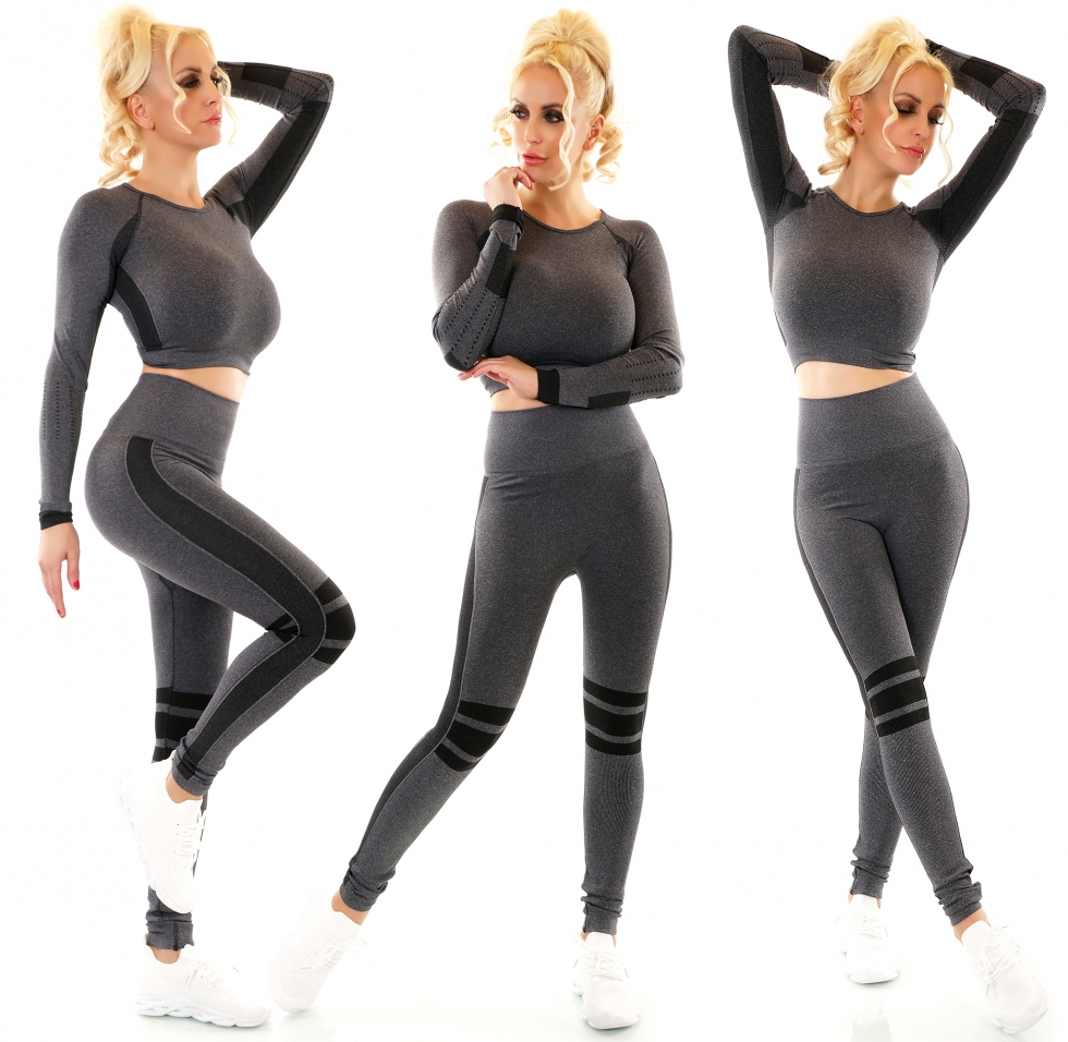 2-tlg. Fitness-Set aus Langarm Crop Shirt und Leggings - schwarz