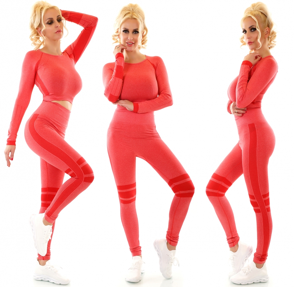 2-tlg. Fitness-Set aus Langarm Crop Shirt und Leggings - coral