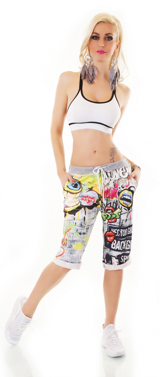 Capri-Sweathose im Boyfriend-Style mit Eye-Graffiti-Prints - stone