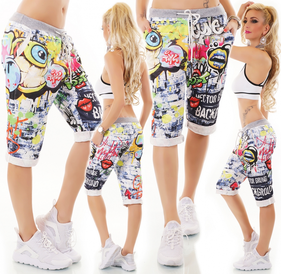 Capri-Sweathose im Boyfriend-Style mit Eye-Graffiti-Prints - blau