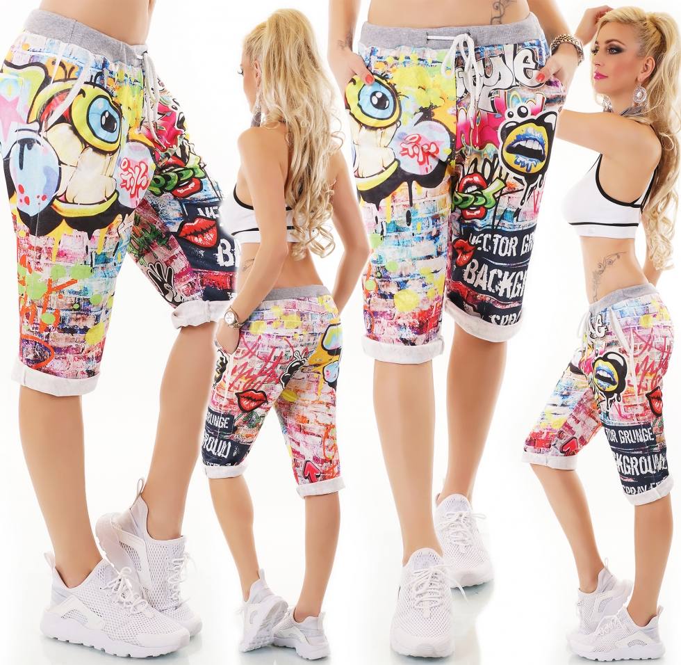 Capri-Sweathose im Boyfriend-Style mit Eye-Graffiti-Prints - pink
