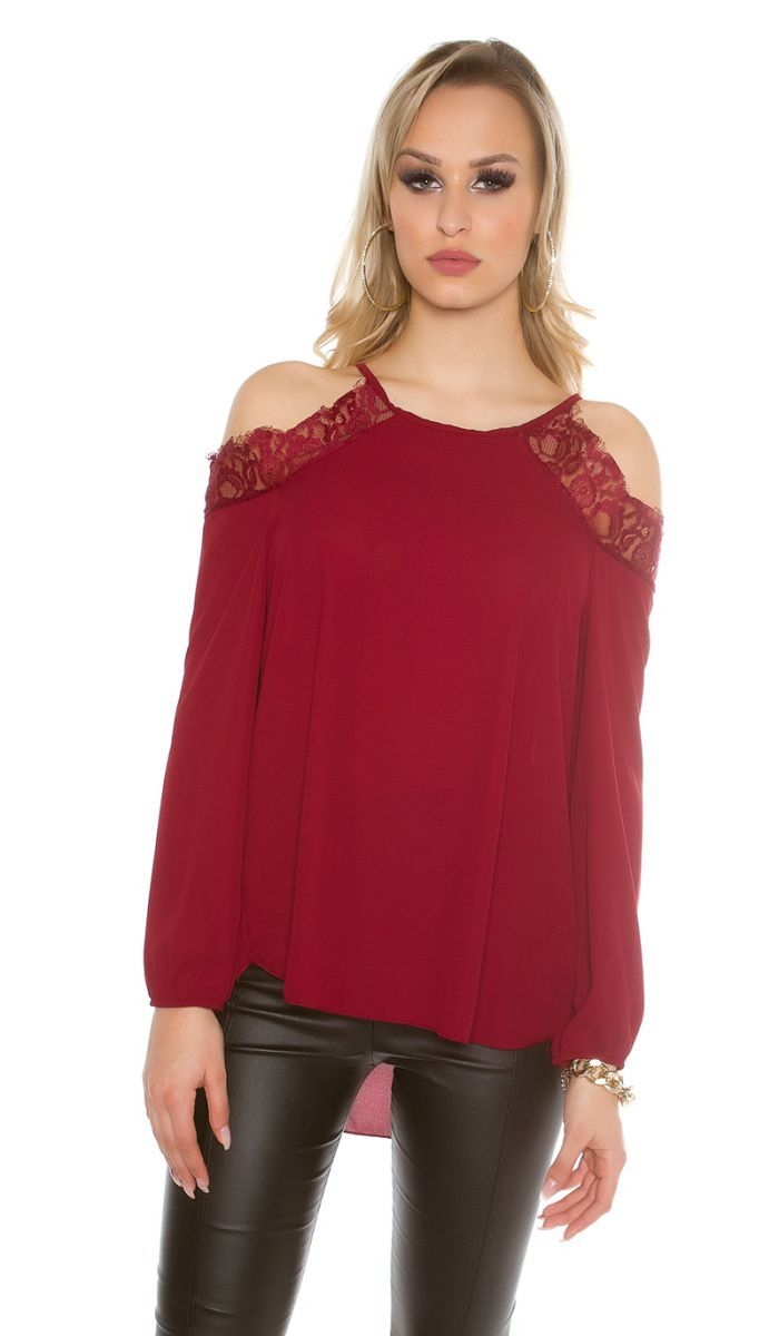 Cooles Chiffonshirt mit Spitze und freier Schulterpartie - bordeaux