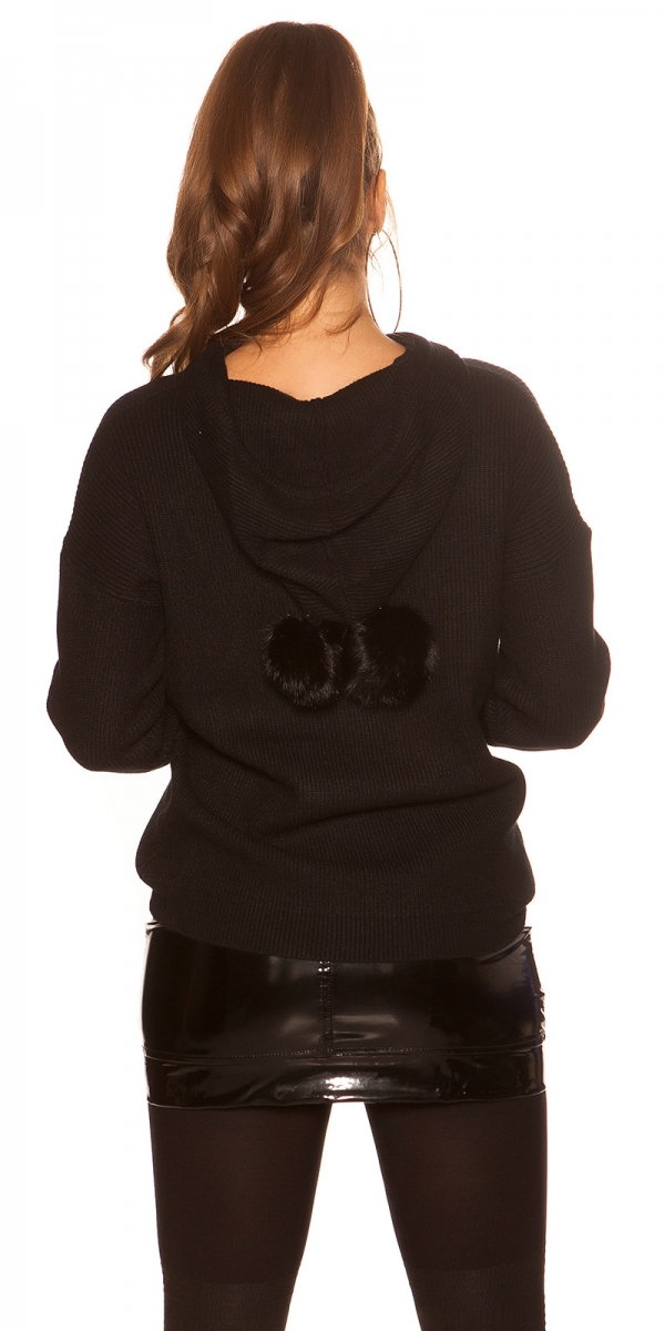 Warmer Kapuzen-Pullover mit modischen PomPoms - schwarz