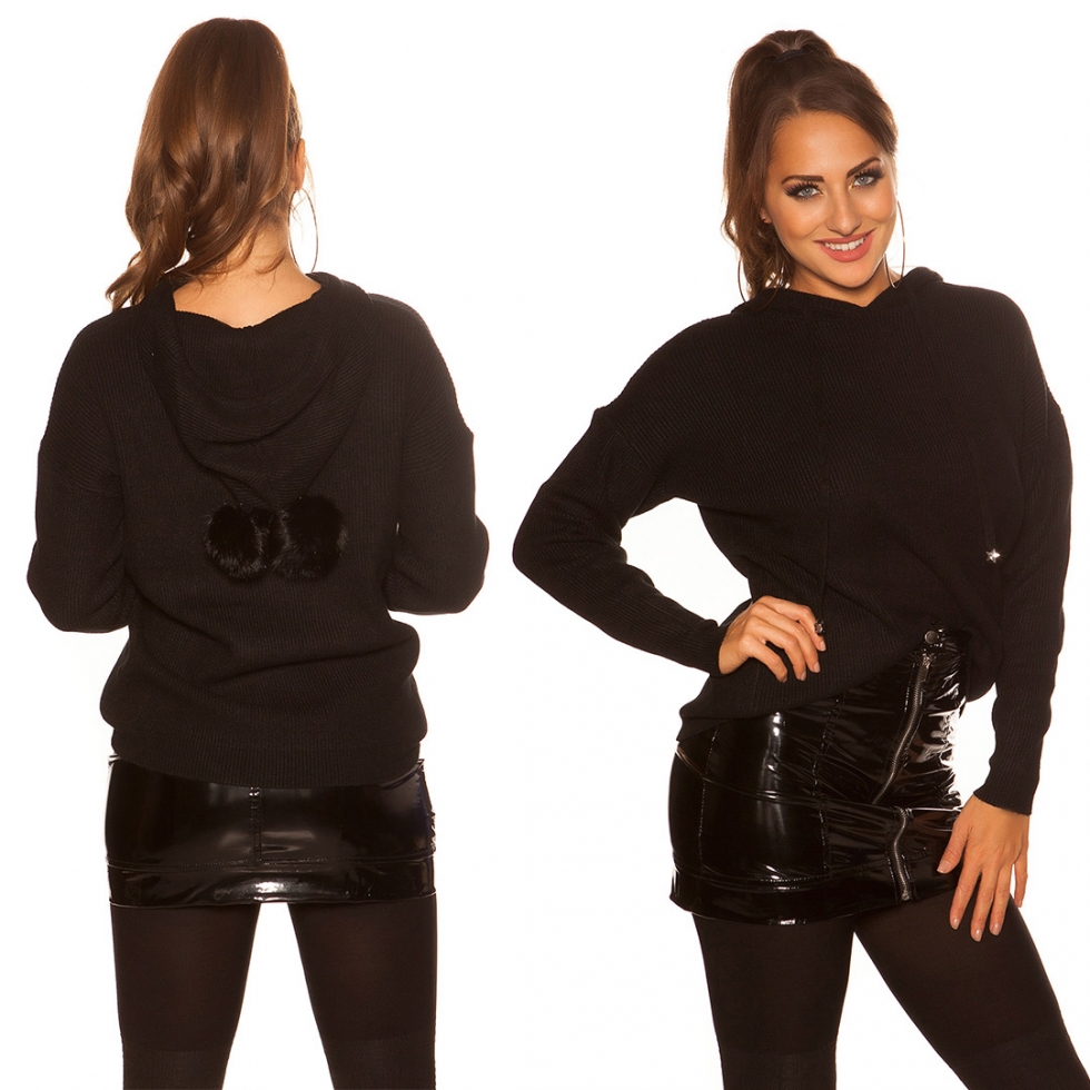 Warmer Kapuzen-Pullover mit modischen PomPoms - schwarz