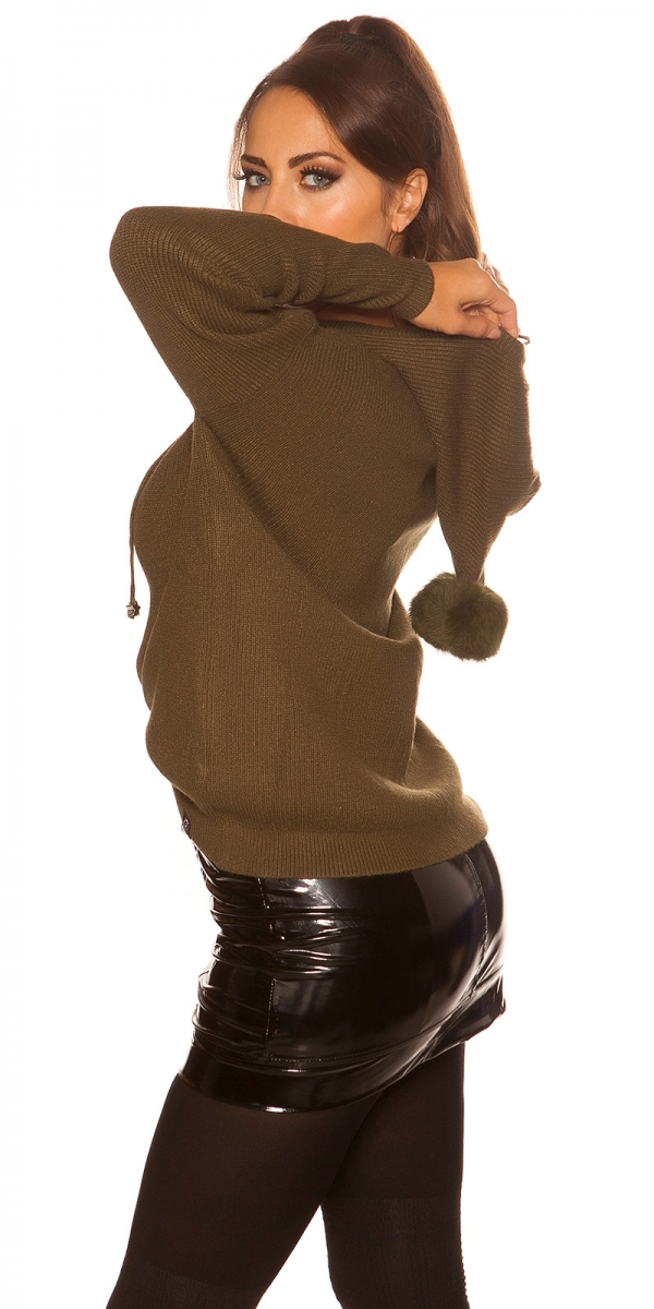 Warmer Kapuzen-Pullover mit modischen PomPoms - khaki