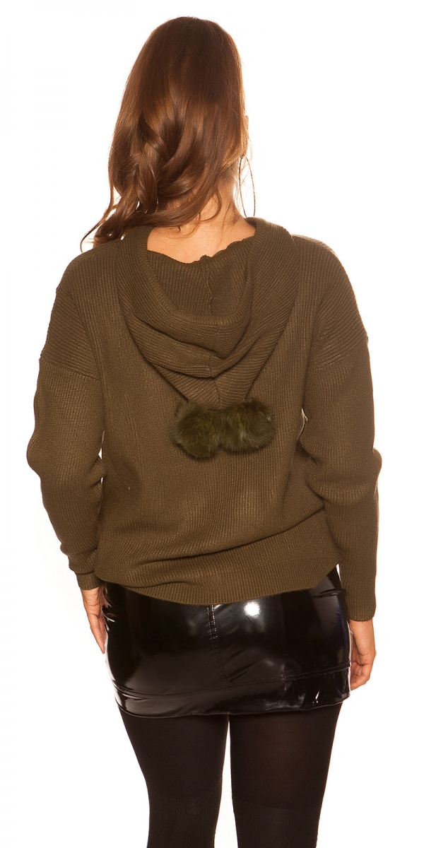 Warmer Kapuzen-Pullover mit modischen PomPoms - khaki