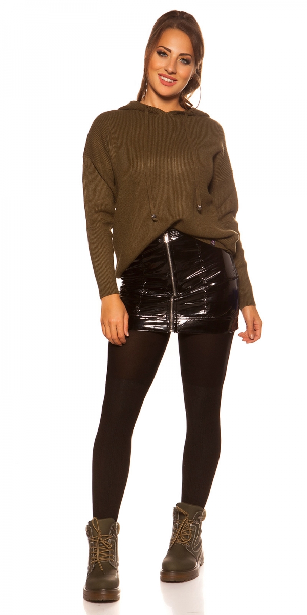Warmer Kapuzen-Pullover mit modischen PomPoms - khaki