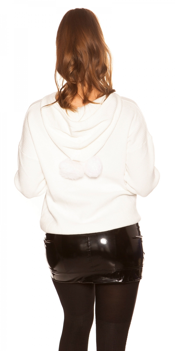 Warmer Kapuzen-Pullover mit modischen PomPoms - weiß