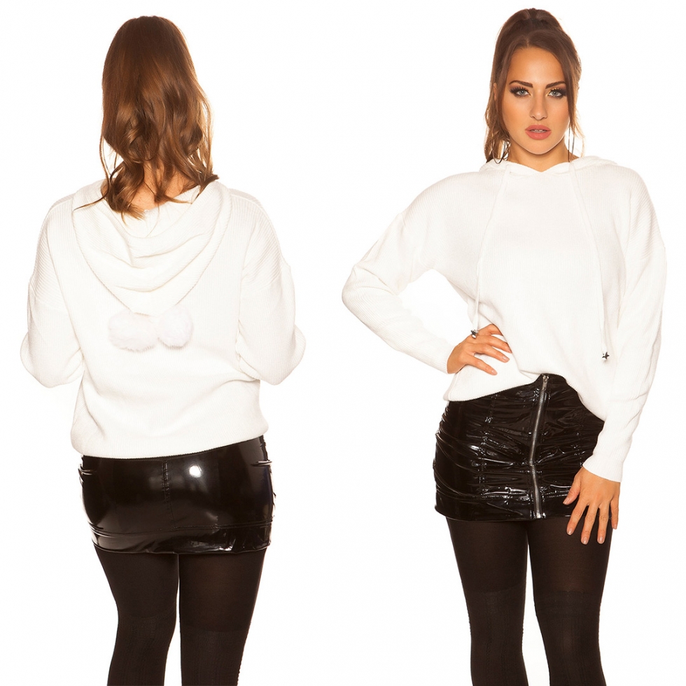 Warmer Kapuzen-Pullover mit modischen PomPoms - weiß