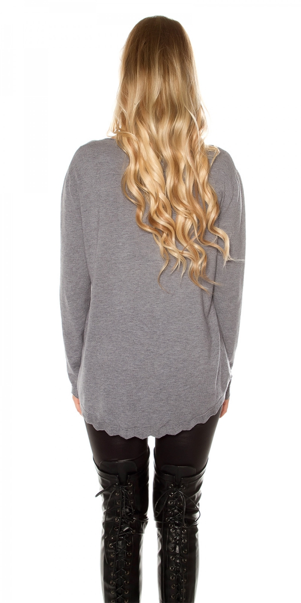 Feinstrick-Pullover mit gewellten Abschlussbund - stone
