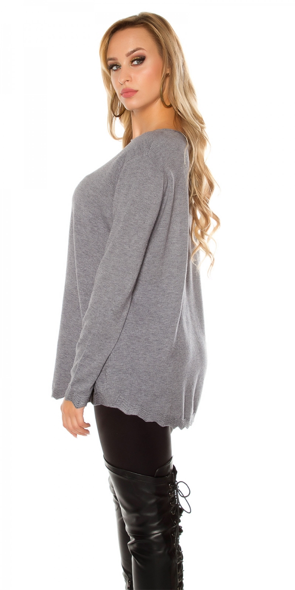 Feinstrick-Pullover mit gewellten Abschlussbund - stone