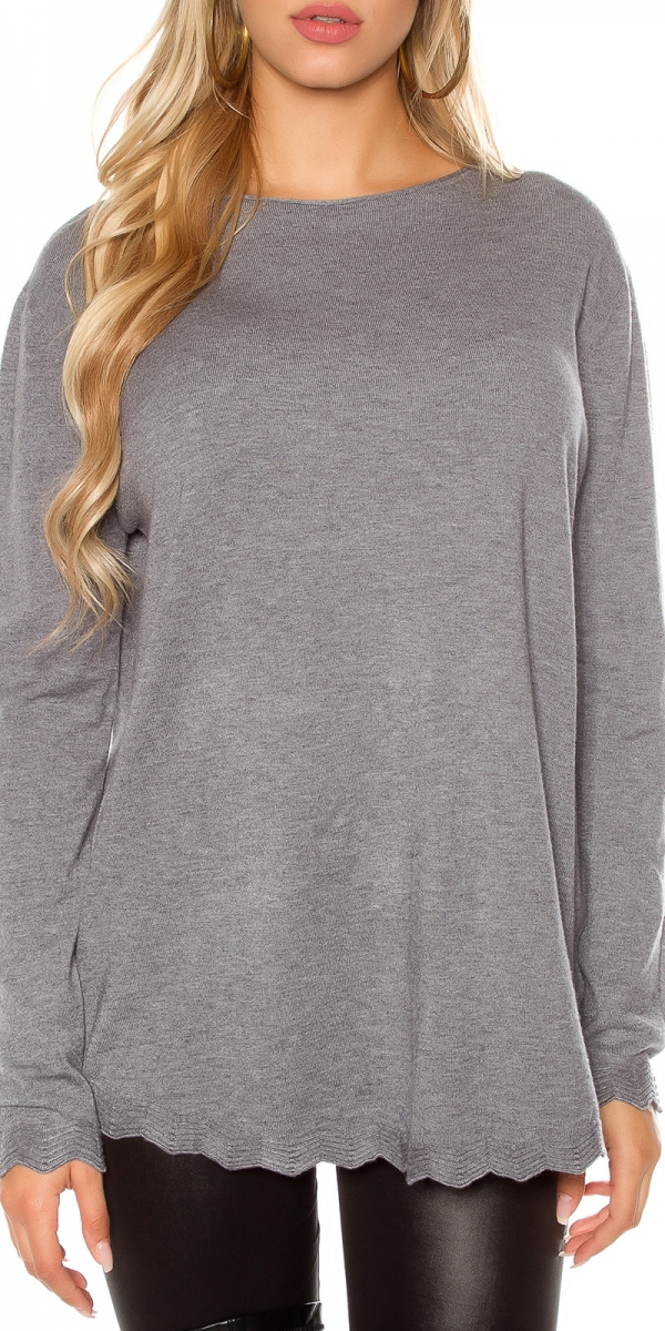 Feinstrick-Pullover mit gewellten Abschlussbund - stone