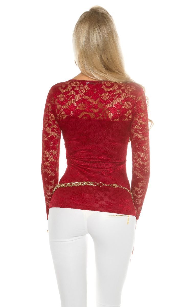 Glamour Spitzenshirt mit Reissverschluss - bordeaux
