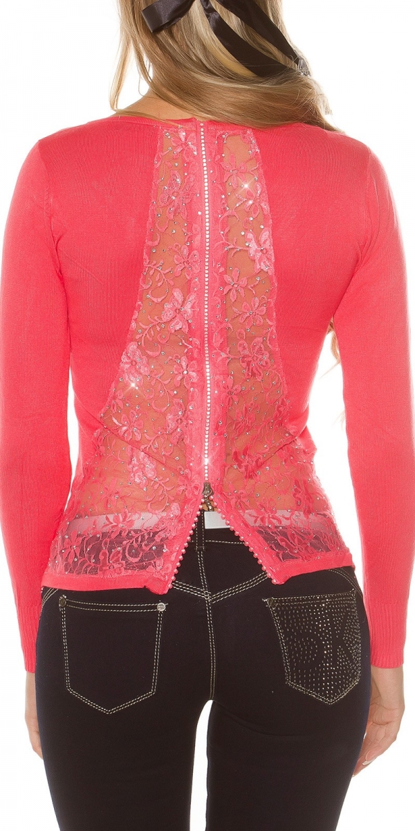 Feinstrick-Pullover mit sexy Rückenansicht in coral
