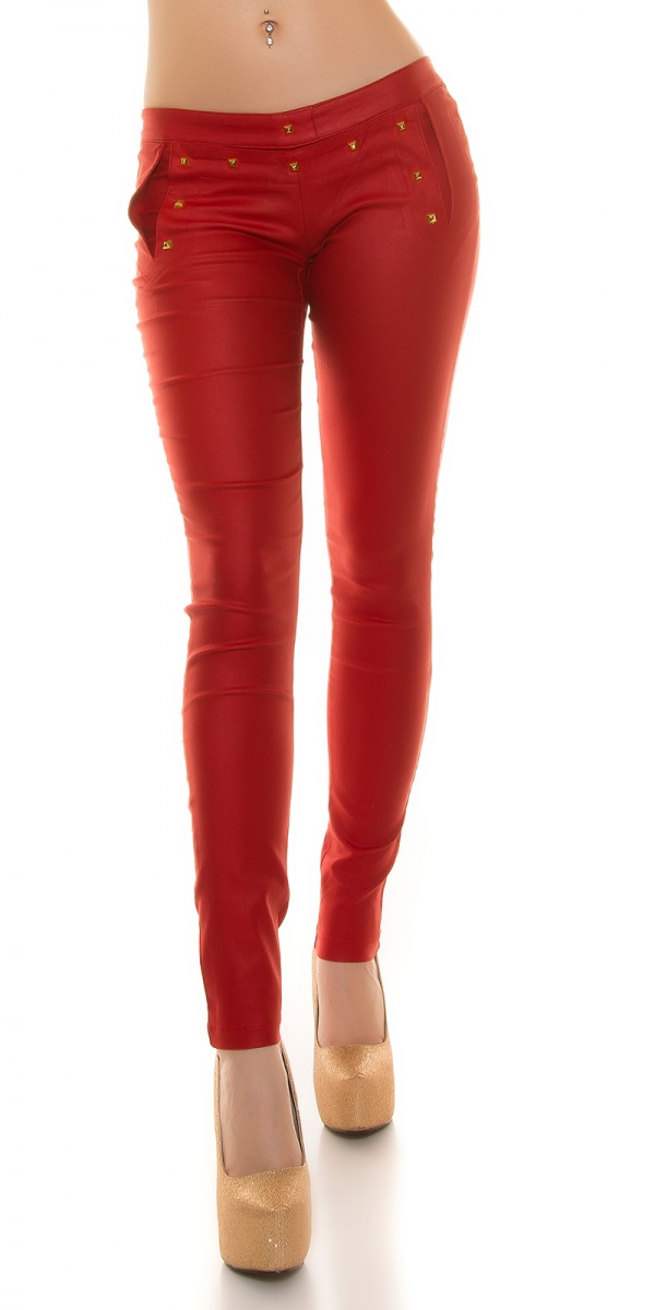 Wetlook-Treggings mit Nieten und Schnürung in rot