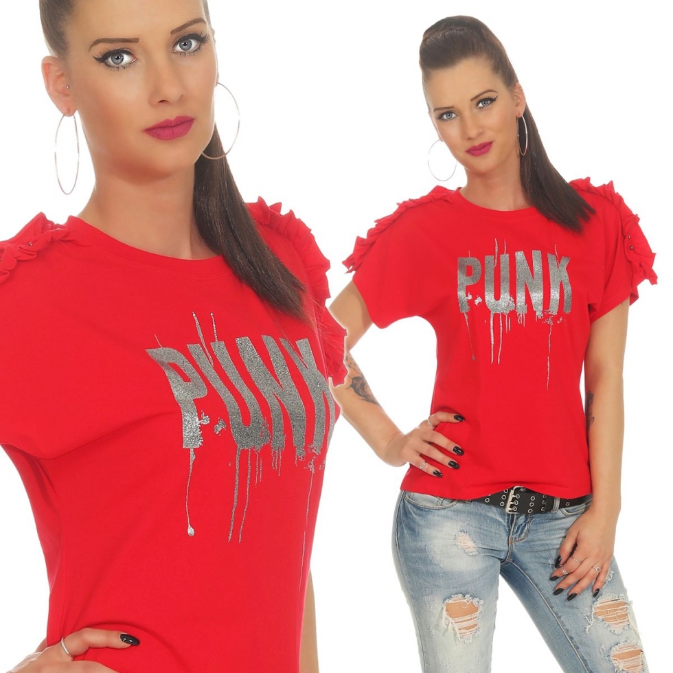 Kurzarm-Shirt mit Glamour-Print und Ärmel-Verzierung - rot