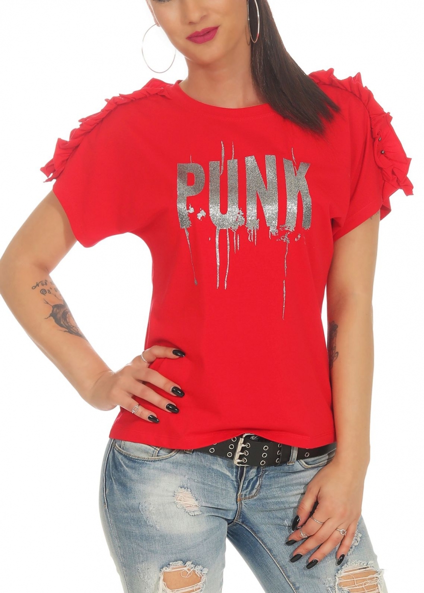 Kurzarm-Shirt mit Glamour-Print und Ärmel-Verzierung - rot