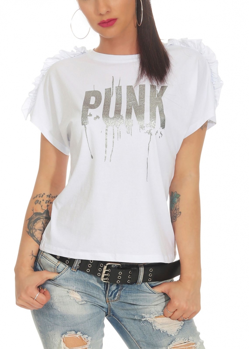 Kurzarm-Shirt mit Glamour-Print und Ärmel-Verzierung - weiß