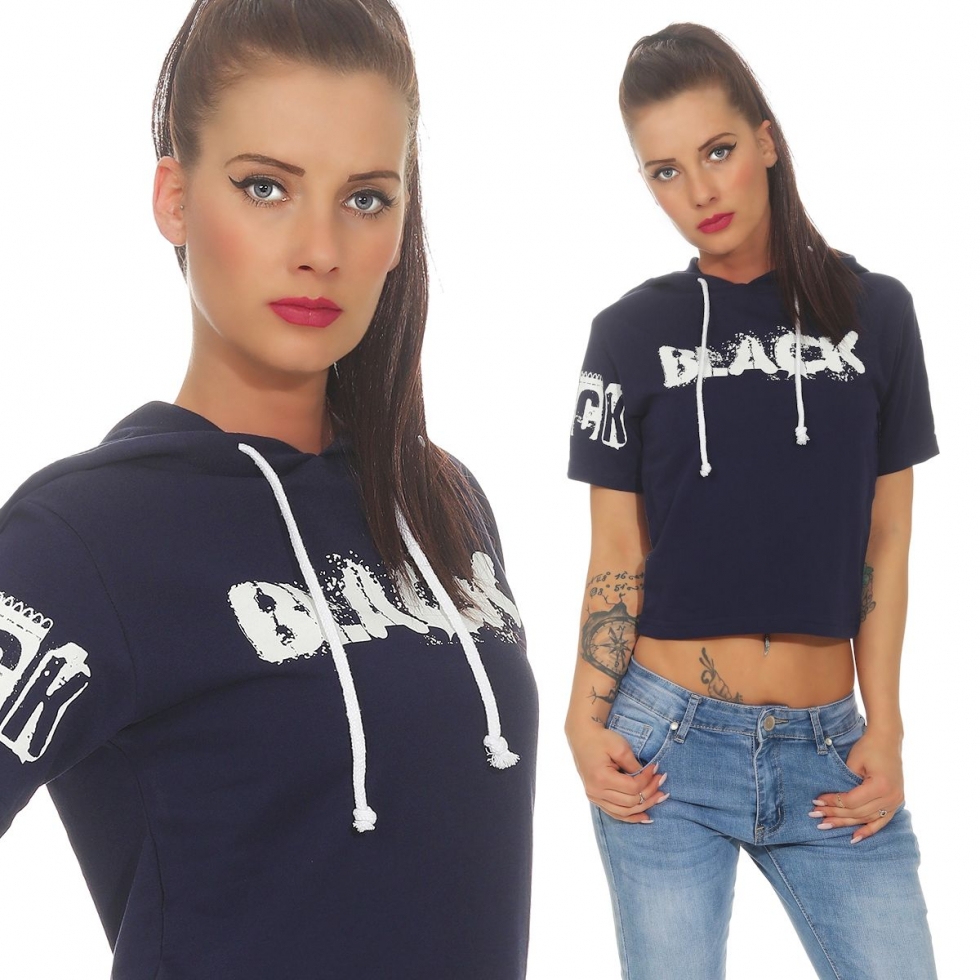 Bauchfreies Kapuzen-Shirt großem Schrift-Print - mitternachtsblau