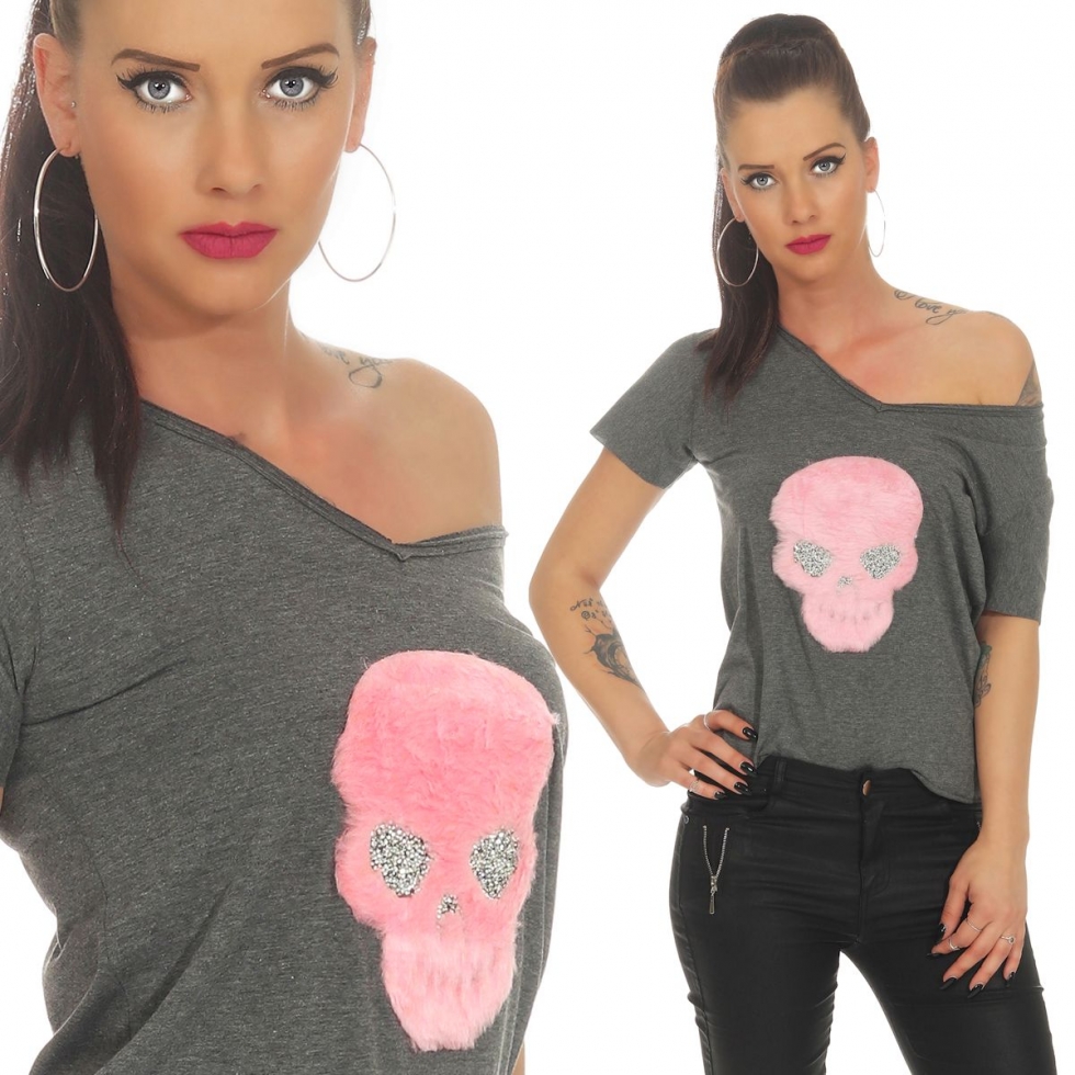 Witziges Shirt mit pinkfarbenen Kunstfell-Skull - graphit