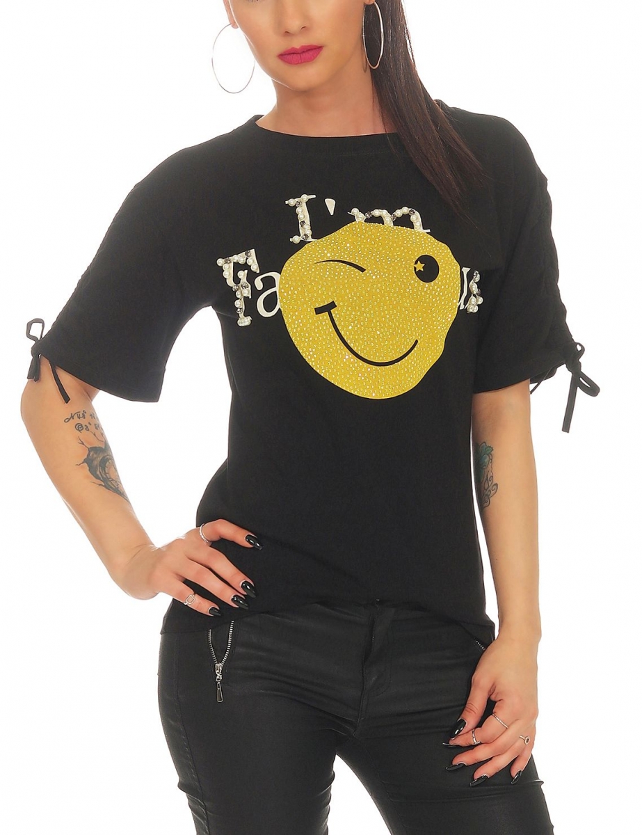 Exklusives Kurzarm-Shirt mit verzierten Print - schwarz