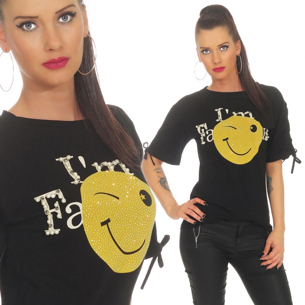 Exklusives Kurzarm-Shirt mit verzierten Print - schwarz