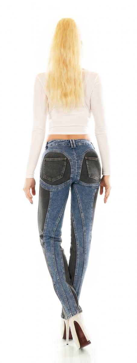 Freche Bicolor Disigner Jeans mit auffälligen Absteppungen in black & blue