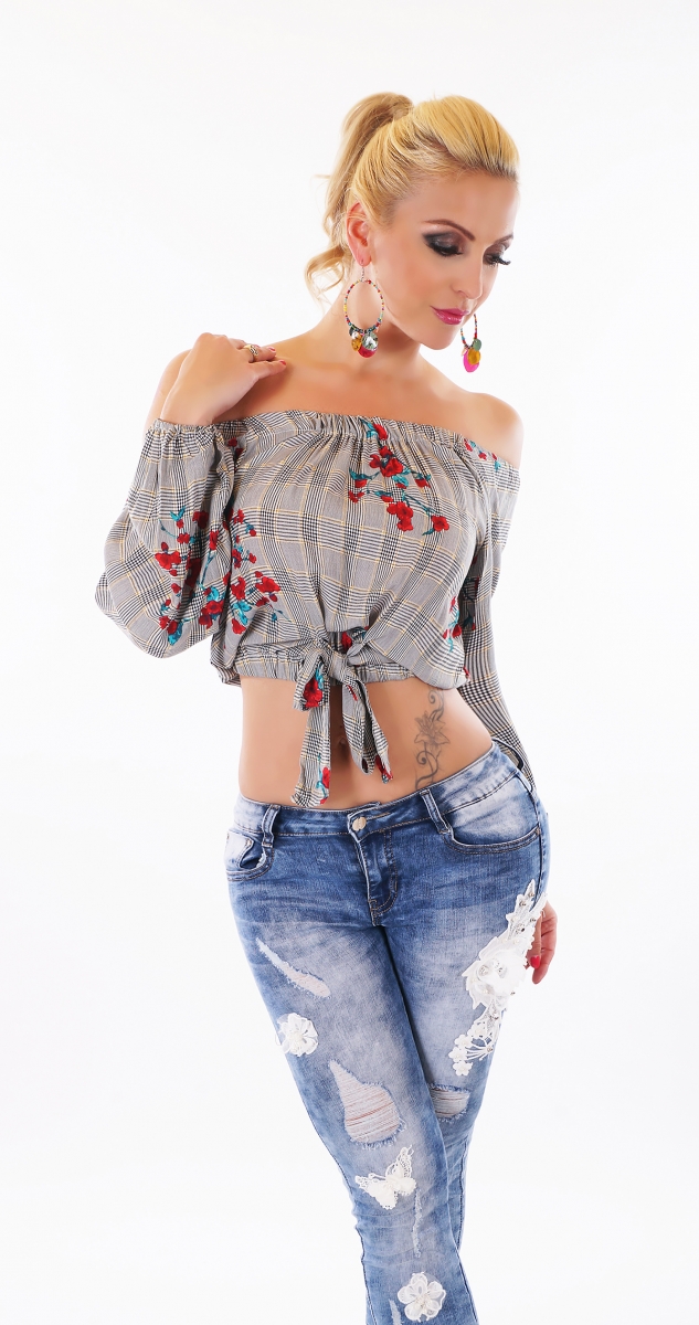 Bauchfreie Langarm-Bluse mit Carmen-Ausschnitt - rosa grau/rot