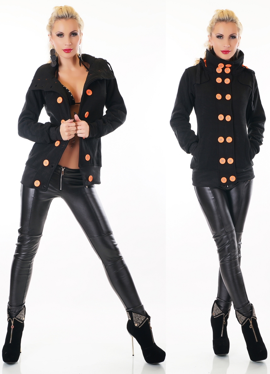 Tailliert Sweatjacke mit XXL-Kontrast-Knöpfe in schwarz / neonorange