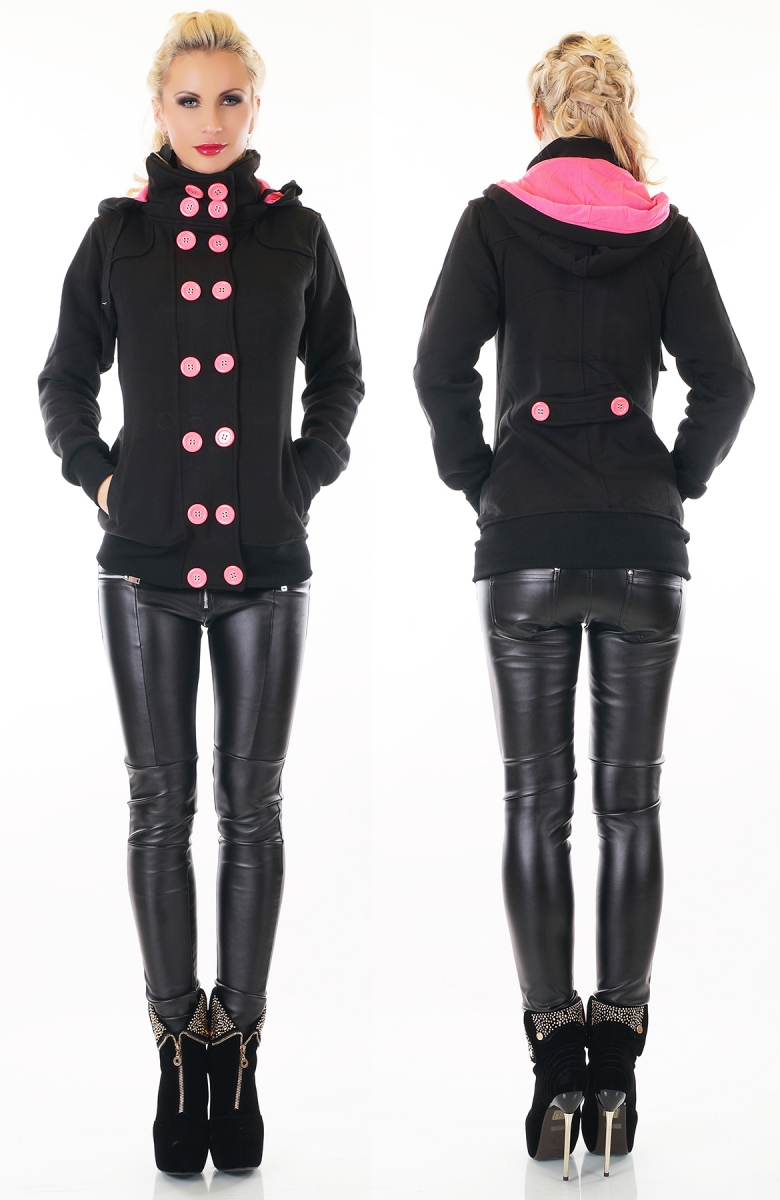 Tailliert Sweatjacke mit XXL-Kontrast-Knöpfe in schwarz / neonpink