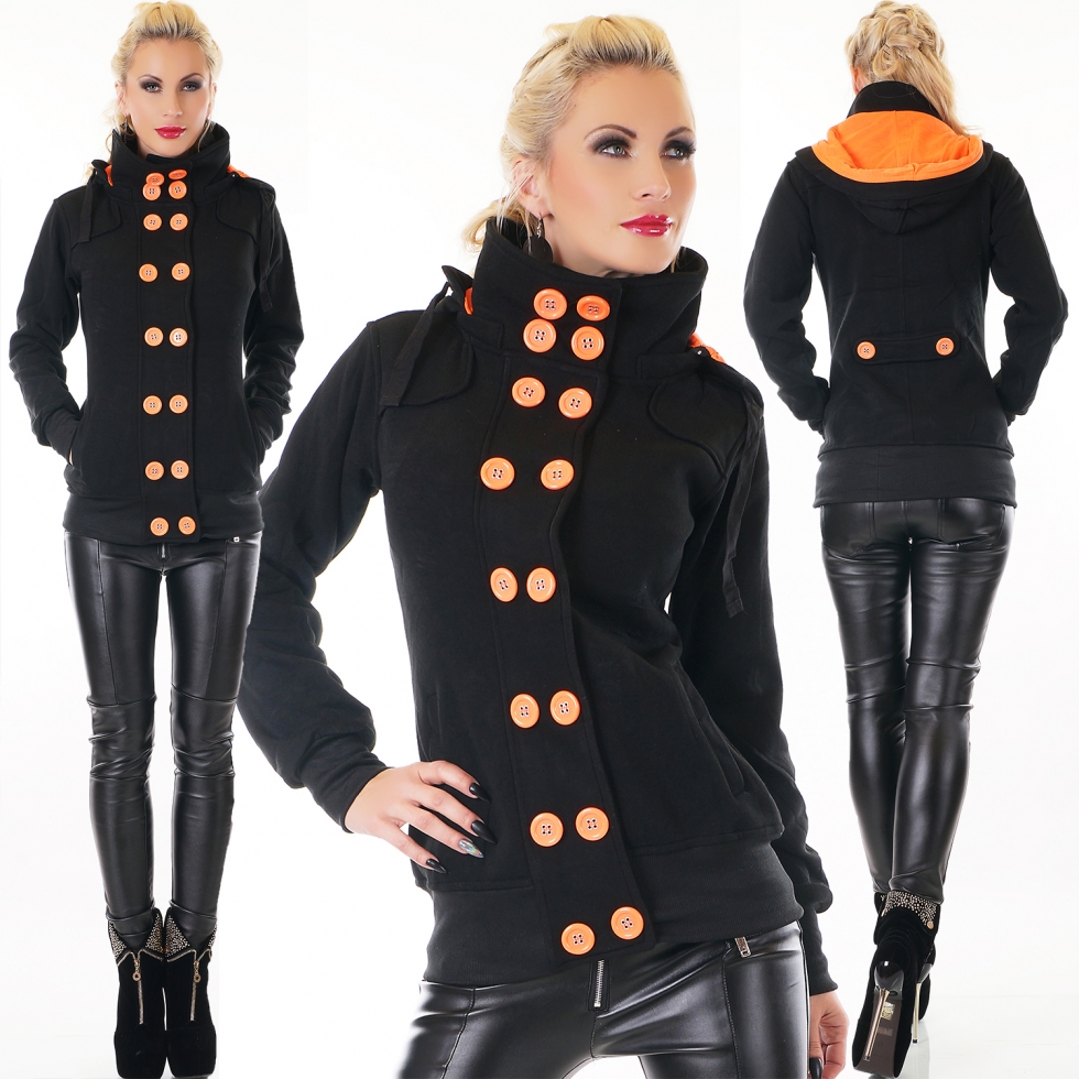 Tailliert Sweatjacke mit XXL-Kontrast-Knöpfe in schwarz / neonorange