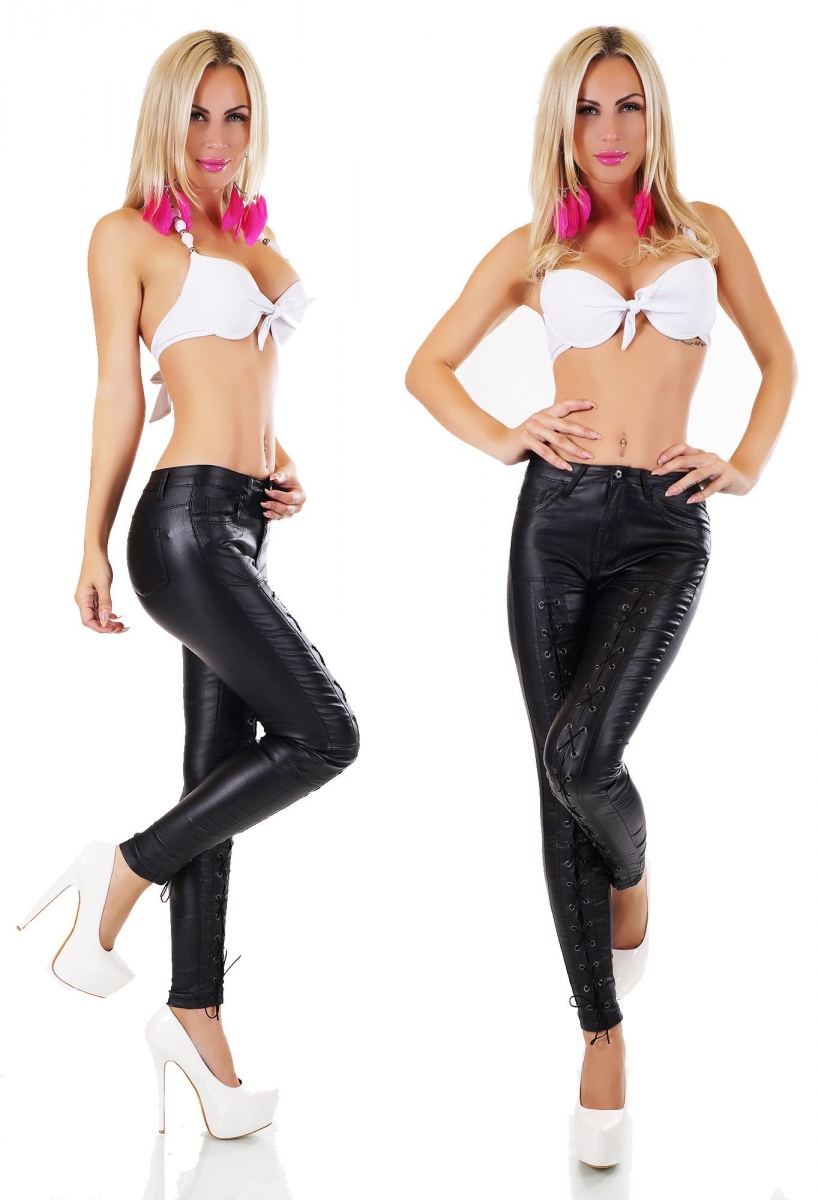 High Waist Stretch Hose im Wetlook mit Schnürleiste in schwarz