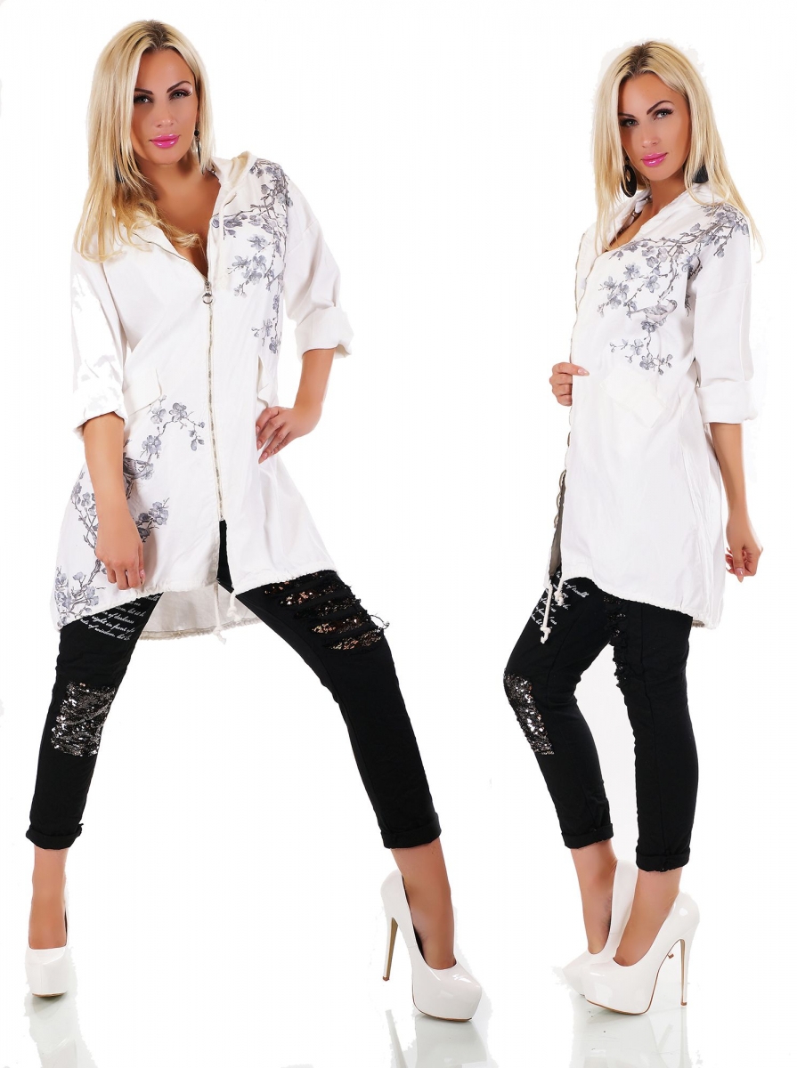 Lässige Italy Sweatjacke im Vintage-Look mit hübschen Flower-Prints in weiß