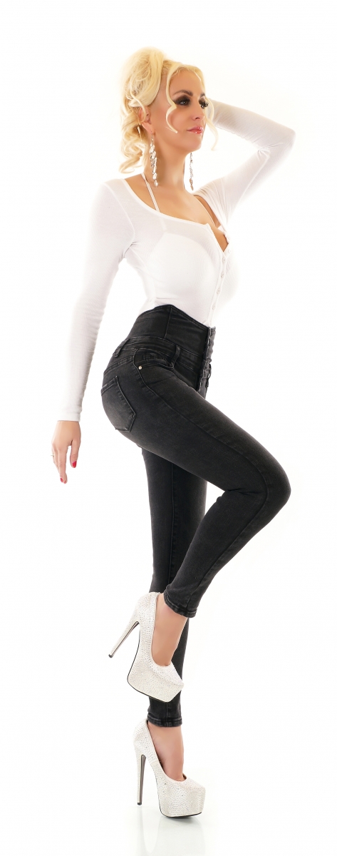 High Waist Jeans im Corsagen-Look mit XXL Knopfleiste - vintage black