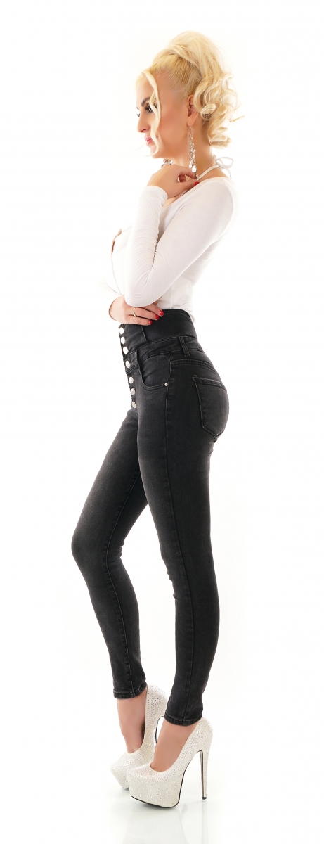 High Waist Jeans im Corsagen-Look mit XXL Knopfleiste - vintage black