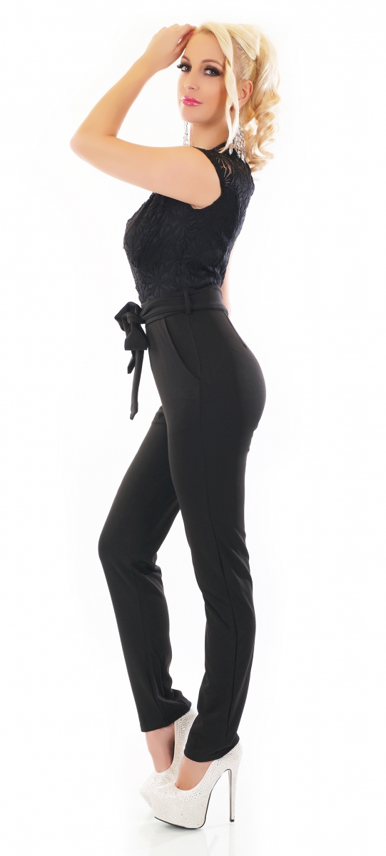 Eleganter Hosenanzug mit sexy V-Ausschnitt und Spitze in schwarz