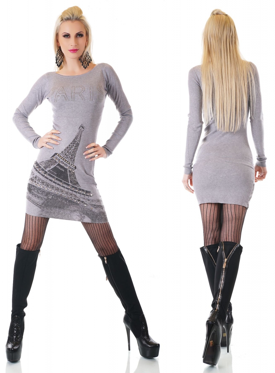 Tailliert geschnittener Longpullover mit Glamour-Schriftzug in stone