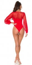 Preview: Sexy Body mit transparenten Mesh-Einsätzen und Chiffon-Ärmeln - rot