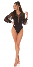 Preview: Sexy Body mit transparenten Mesh-Einsätzen und Chiffon-Ärmeln - schwarz