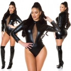 Preview: Sexy Wetlook-Body mit langen Ärmeln und Mesh-Einsätzen - schwarz