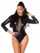 Sexy Wetlook-Body mit langen Ärmeln und Mesh-Einsätzen - schwarz