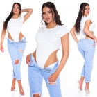 Preview: Sexy Feinripp-Bodytop mit hohen Beinausschnitt - weiß