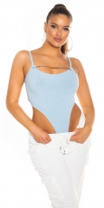 Sexy Bodytop mit Zierkette und hohen Beinausschnitt - babyblau
