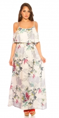 Blümchen Maxi-Kleid mit Volant-Verzierung - cremé